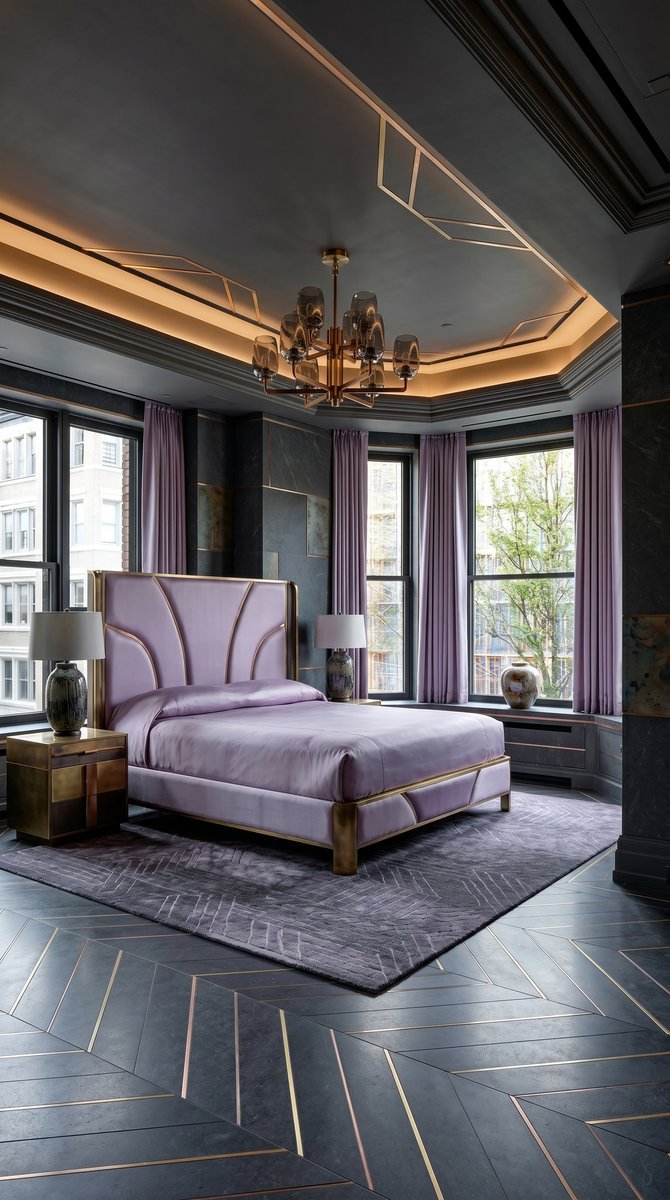 AI-generated Classic Mixed Metals bedroom with brass, copper, and bronze panels, lavender silk bed, and charcoal stone walls