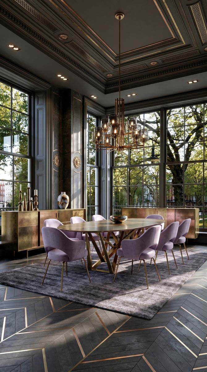 AI-generated Classic Mixed Metals dining room with brass, copper, and bronze panels, oval dining table, and lavender silk chairs