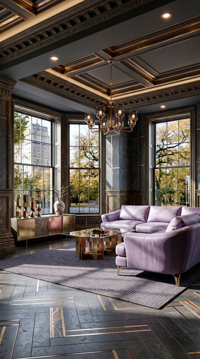 AI-generated Classic Mixed Metals living room with brass, copper, and bronze panels, lavender silk sofa, and charcoal stone walls