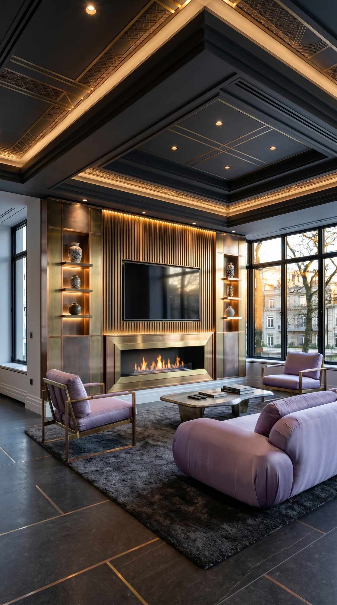 Classic mixed metals media wall with layered materials and refined detailing
