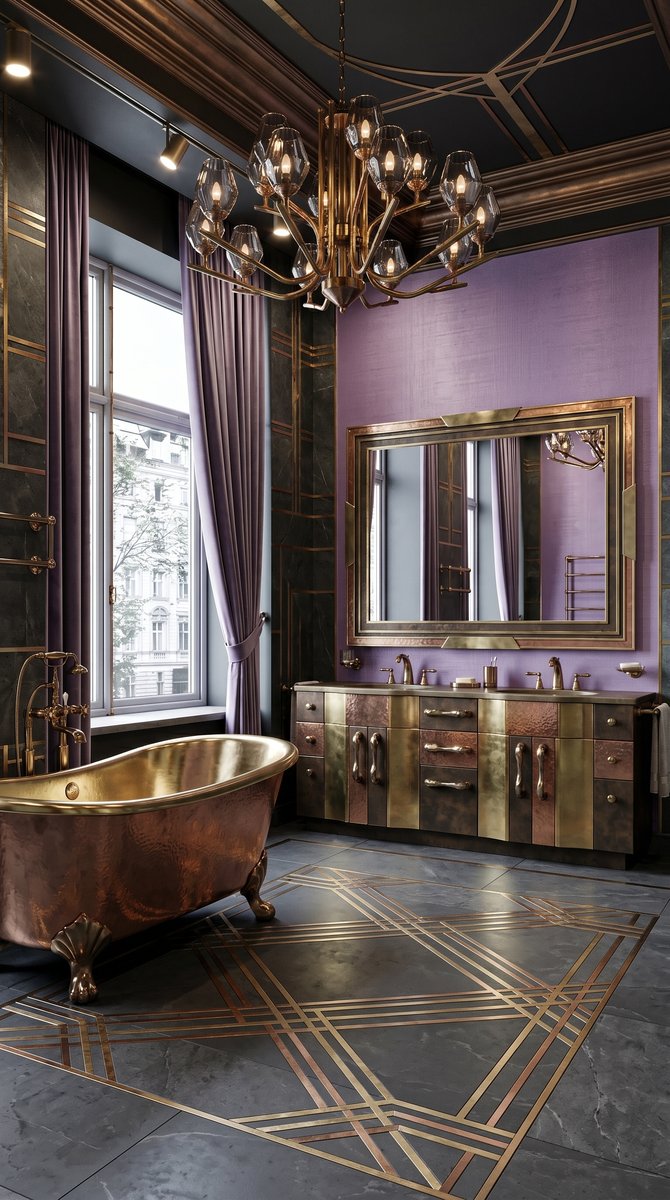AI-generated Luxe Mixed Metals bathroom with near-black ceilings, dark charcoal stone, mixed metals bathtub, and oversized mixed metals chandelier