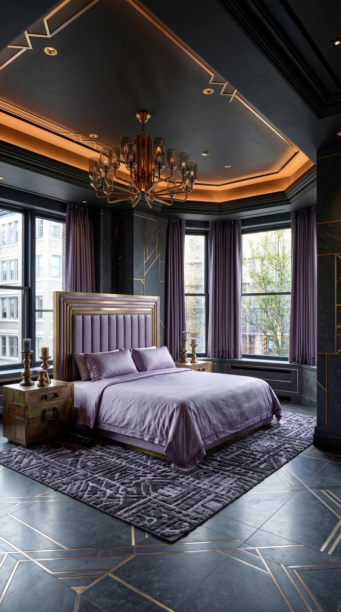 AI-generated Luxe Mixed Metals bedroom with near-black ceilings, dark charcoal stone, lavender silk bed, and oversized mixed metals chandelier