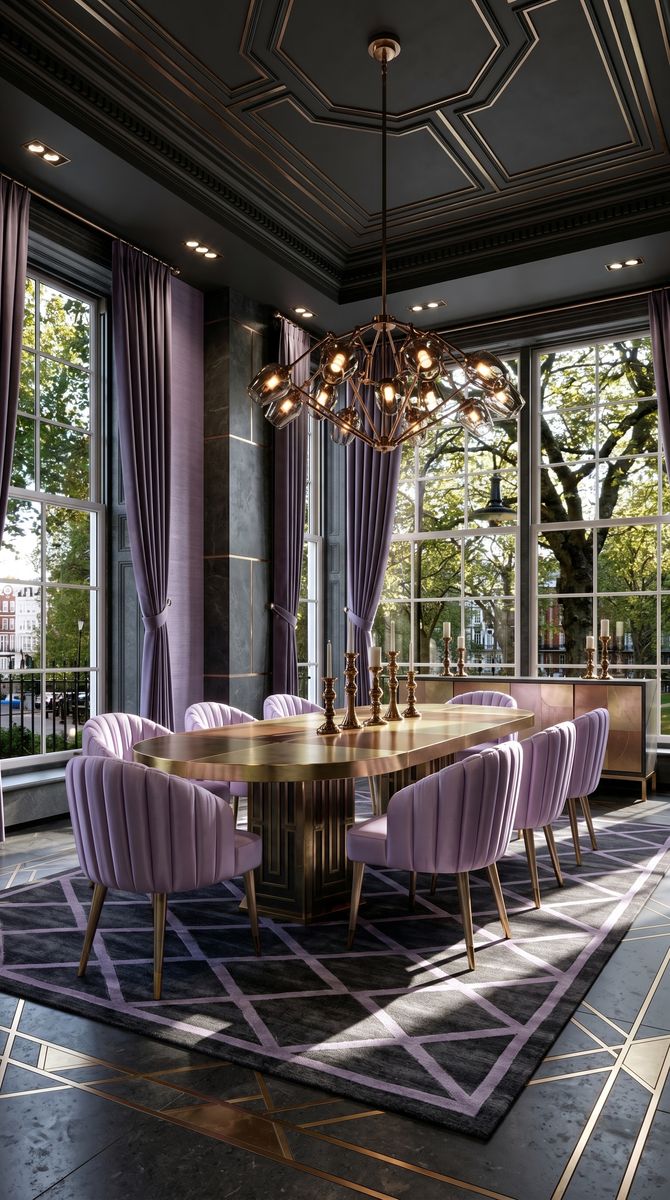 AI-generated Luxe Mixed Metals dining room with near-black ceilings, dark charcoal stone, oval dining table, and oversized mixed metals chandelier