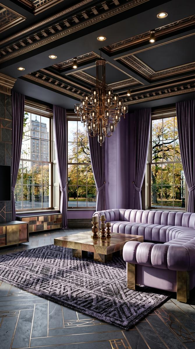 AI-generated Luxe Mixed Metals living room with near-black ceilings, dark charcoal stone, lavender silk sectional, and oversized mixed metals chandelier