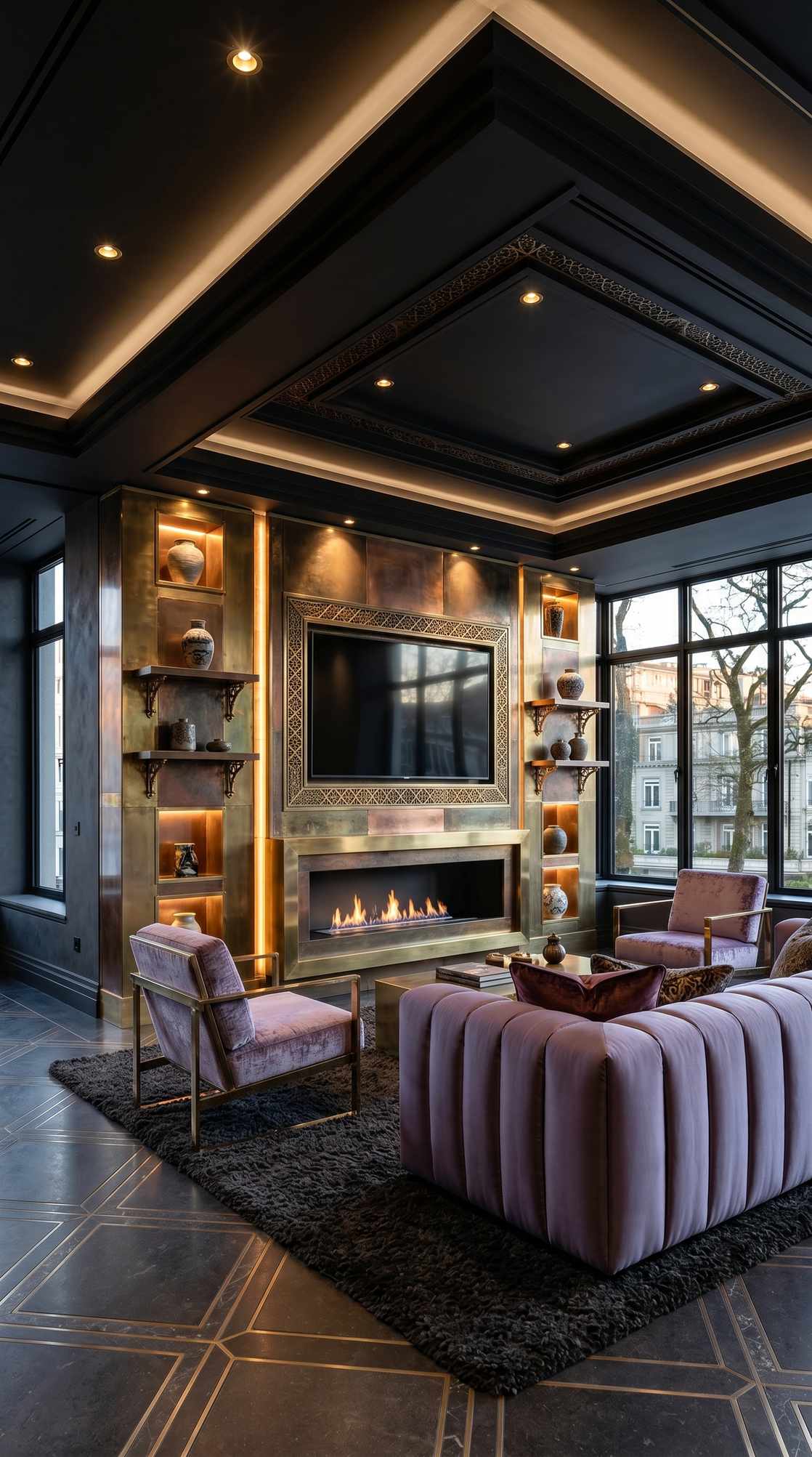 Mixed metals TV wall with ornate brass TV frame, metal panelled backdrop and velvet furniture
