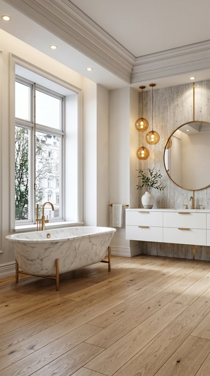 AI-generated Modern Mixed Metals bathroom with white marble bathtub, light grey stone accent wall, and brass globe pendant lights