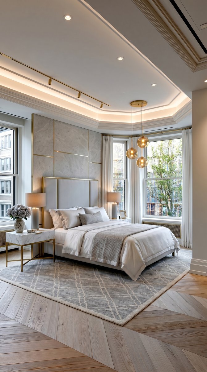 AI-generated Modern Mixed Metals bedroom with light grey silk bed, white marble accent wall, and brass globe pendant lights