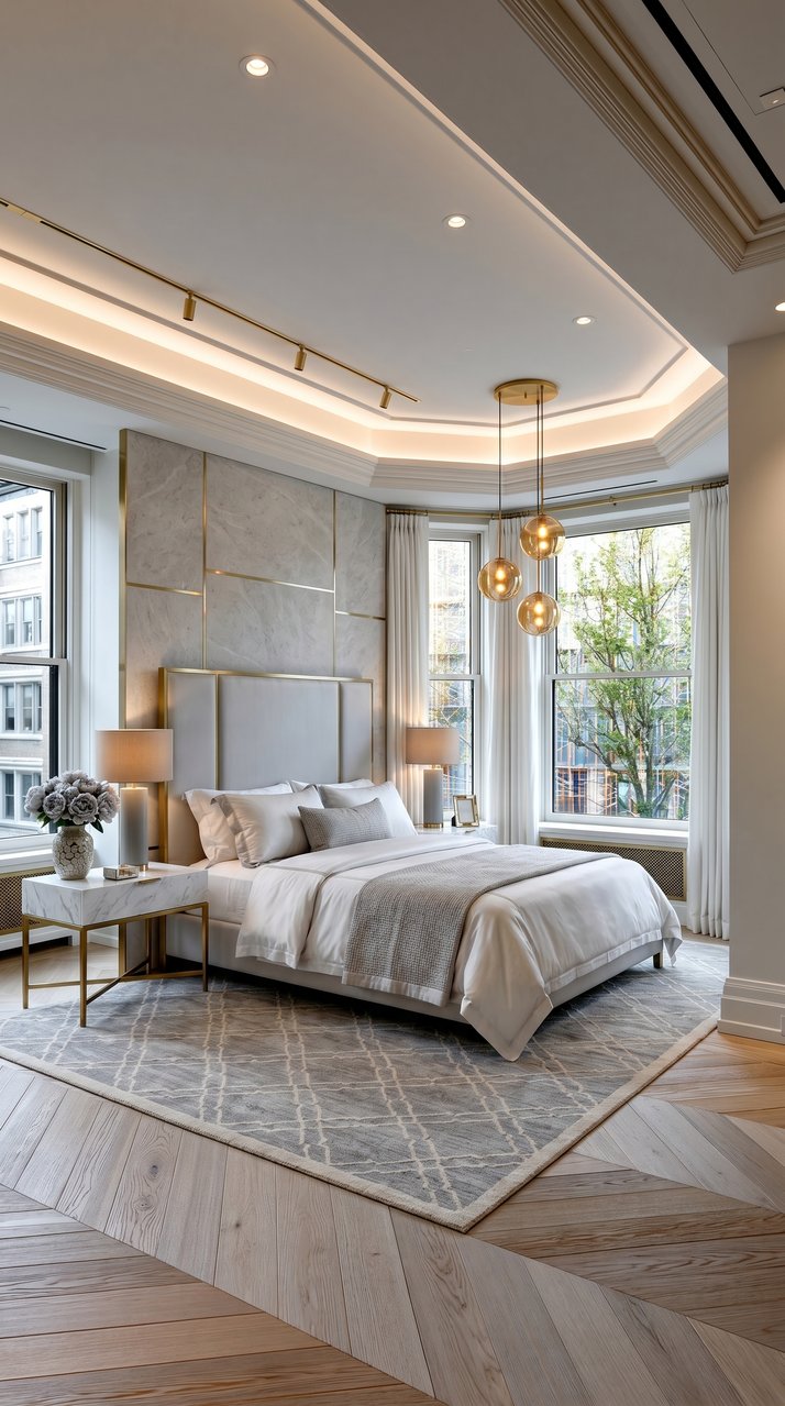 Modern mixed metals bedroom with layered materials, brass details, and contemporary refinement