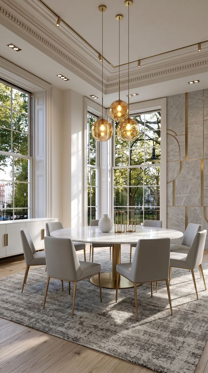 AI-generated Modern Mixed Metals dining room with light grey silk chairs, white marble dining table, and brass globe pendant lights