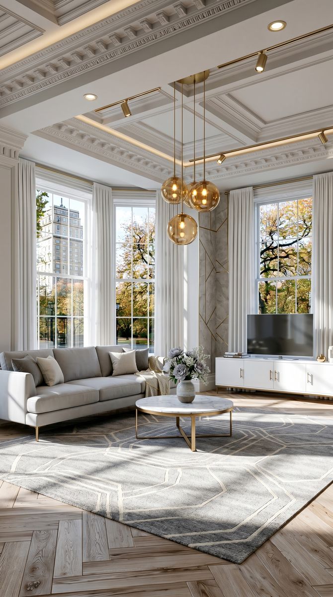 AI-generated Modern Mixed Metals living room with light grey silk sofa, white marble accent wall, and brass globe pendant lights