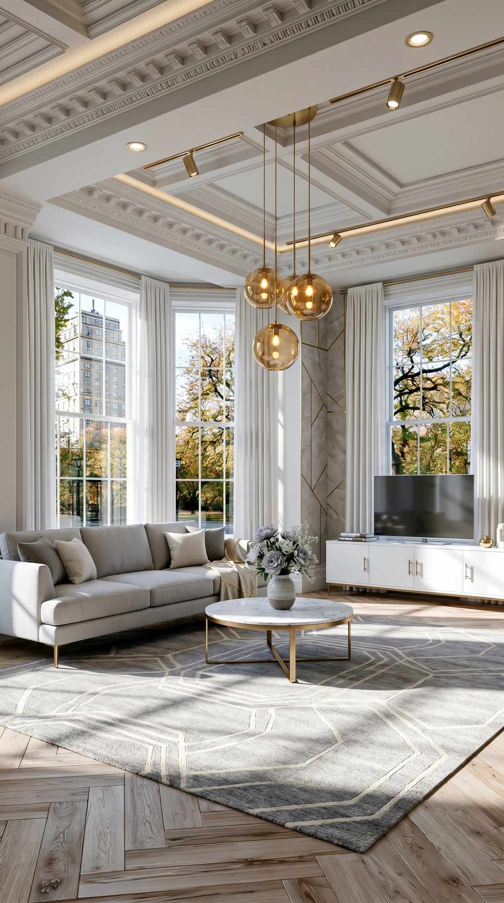 Modern mixed metals living room with layered materials and contemporary furniture
