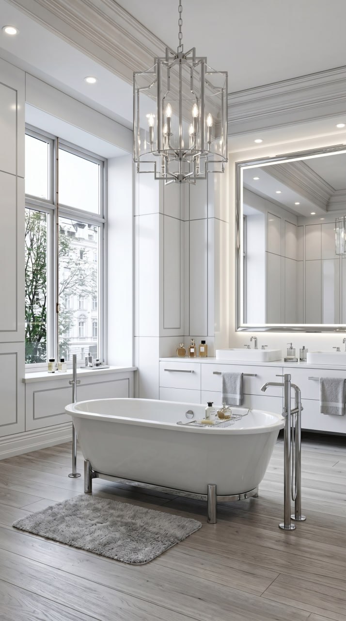 AI-generated Clean Modern bathroom with white ceramic bathtub, chrome-framed mirror, geometric chandelier, and paneling