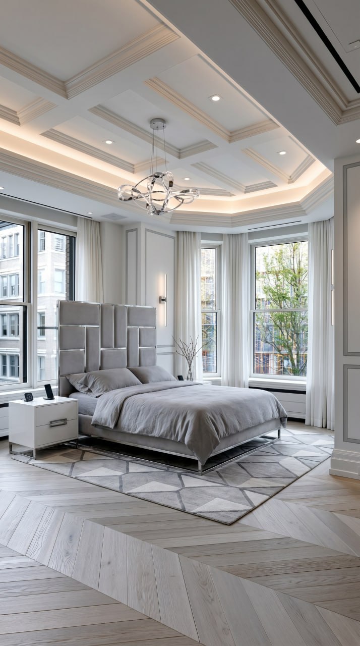 AI-generated Clean Modern bedroom with grey linen bed, white lacquer nightstands, chrome chandelier, and paneling