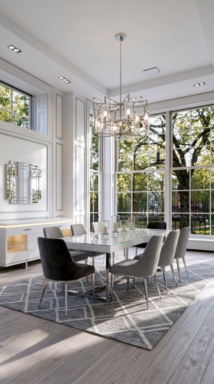 AI-generated Clean Modern dining room with white lacquer table, grey linen chairs, chrome chandelier, and geometric rug