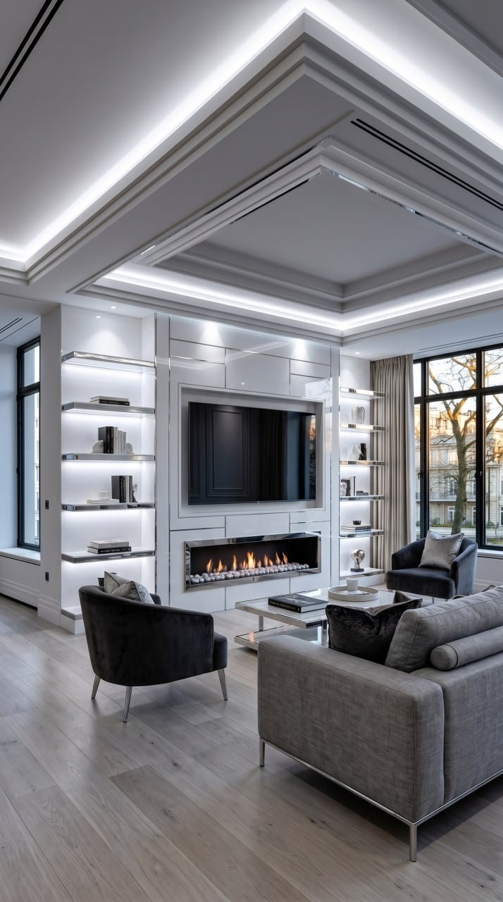 Minimal grey and white TV wall with glossy panels, linear fire and grey sofa