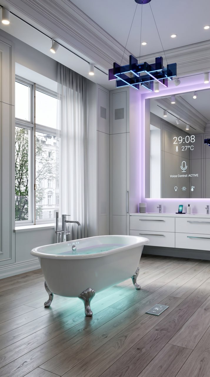 AI-generated Smart Modern bathroom with chromotherapy bathtub, smart mirror, voice-controlled lighting, and smart fixtures