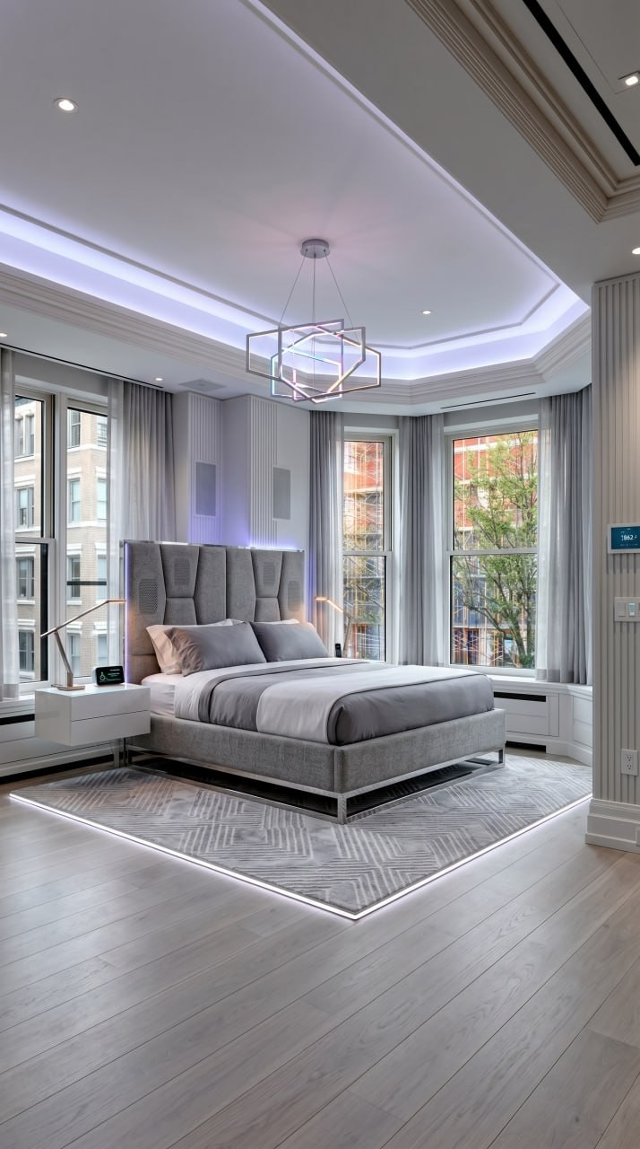Smart modern home bedroom with integrated technology, clean lines, and minimal clutter