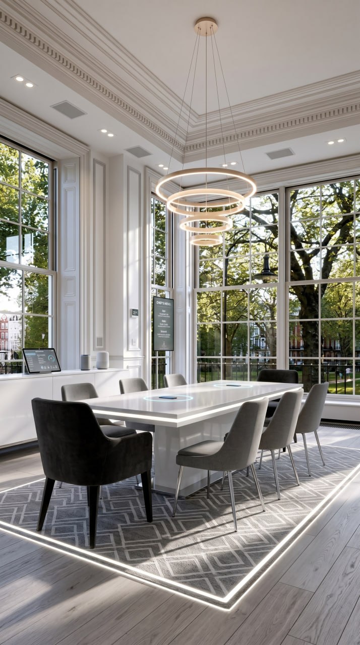 AI-generated Smart Modern dining room with wireless charging table, smart cushions, LED rim lighting, and smart chandelier