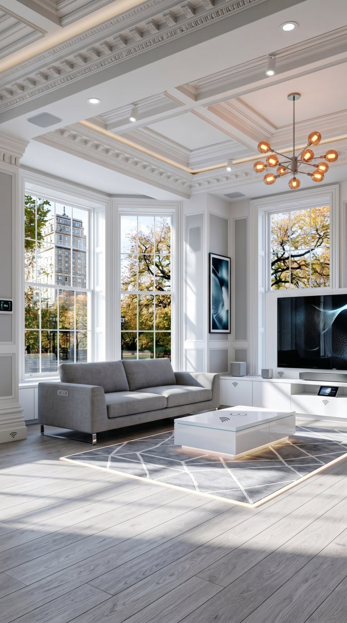 AI-generated Smart Modern living room with grey fabric sofa, hidden charging, LED rim lighting, and smart chandelier