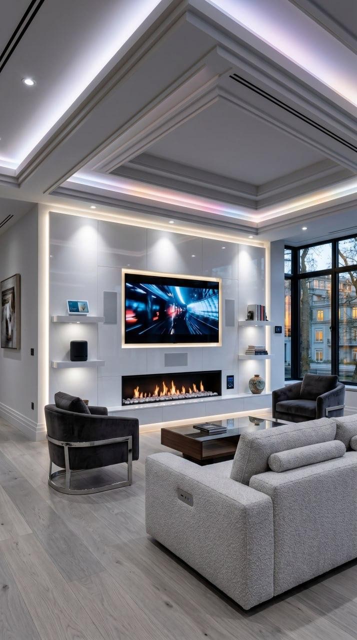 Smart modern home media wall with integrated technology and clean lines
