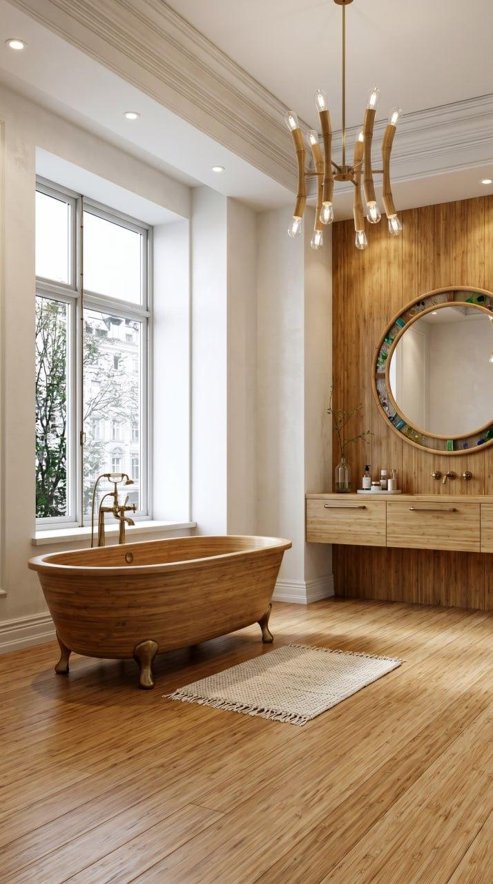 AI-generated Sustainable Modern bathroom with bamboo bathtub, floating vanity, solar chandelier, and recycled glass accents