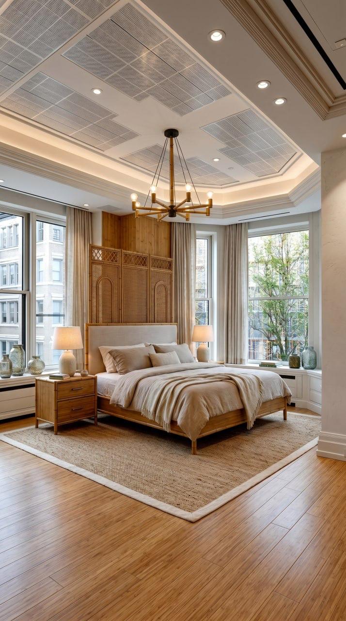 AI-generated Sustainable Modern bedroom with bamboo bed, organic cotton bedding, solar chandelier, and woven rattan headboard