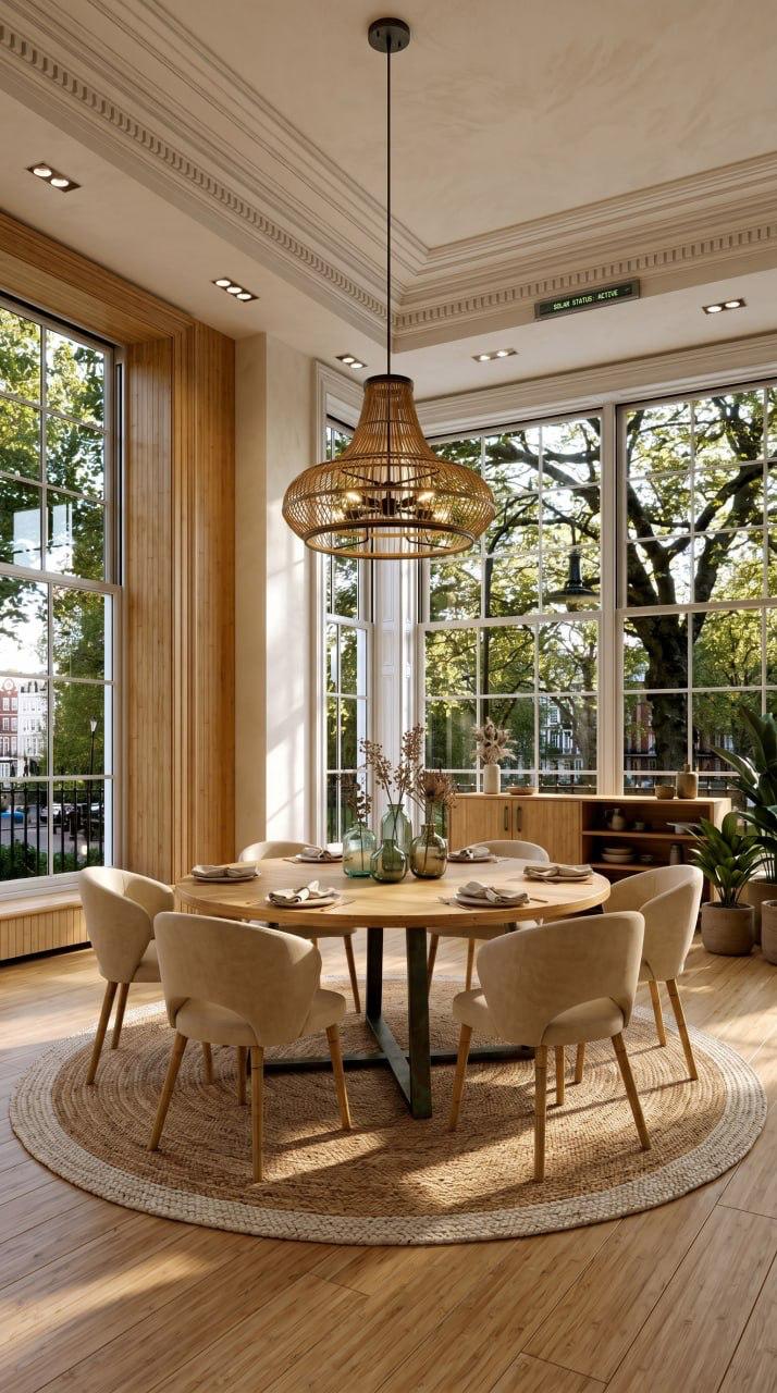 AI-generated Sustainable Modern dining room with bamboo table, organic cotton chairs, solar chandelier, and natural finish