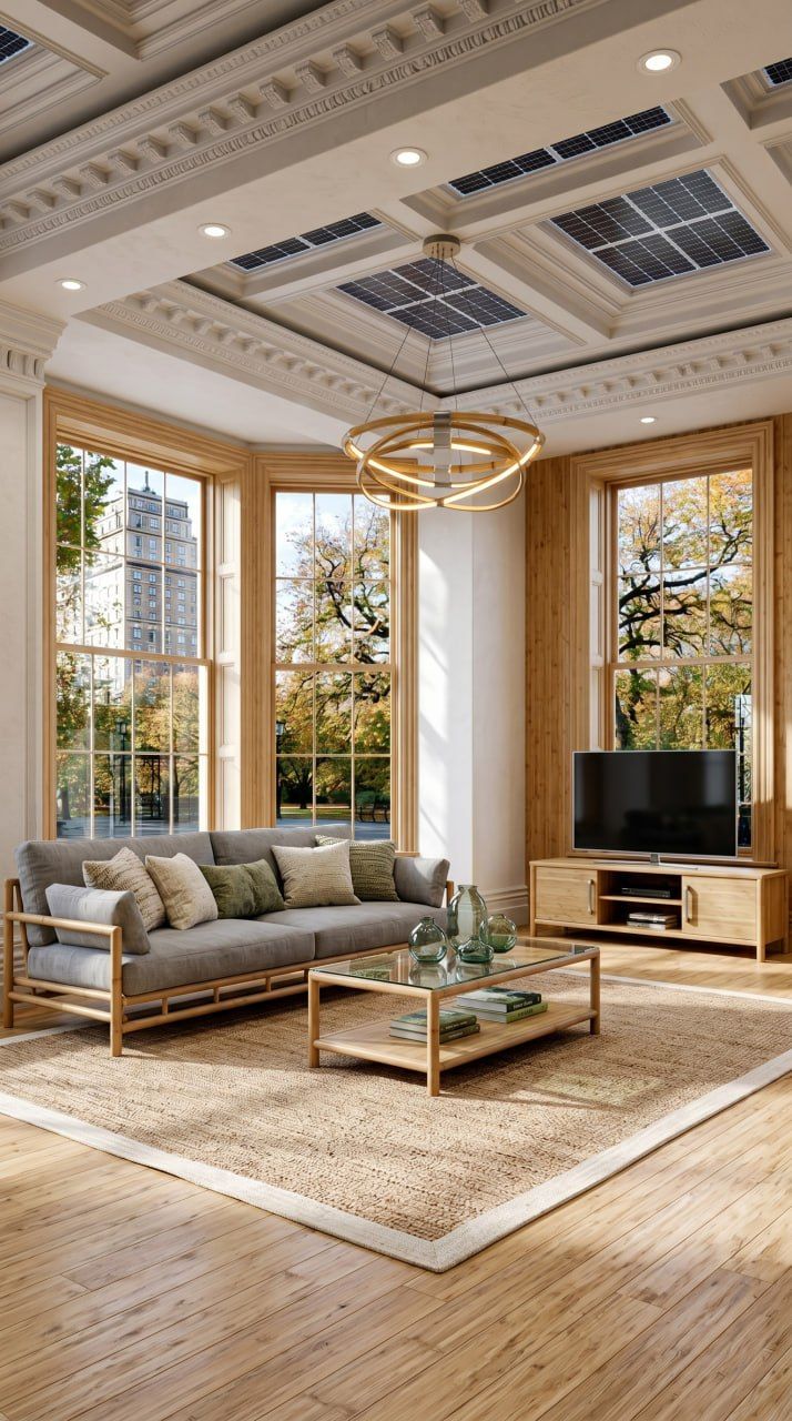 Sustainable modern home living room with eco-conscious materials and clean lines