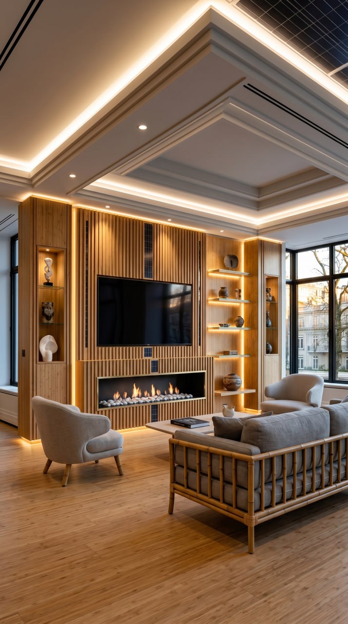 AI-generated Sustainable Modern media wall with bamboo slat paneling, recycled glass niches, LED backlighting, and solar integration