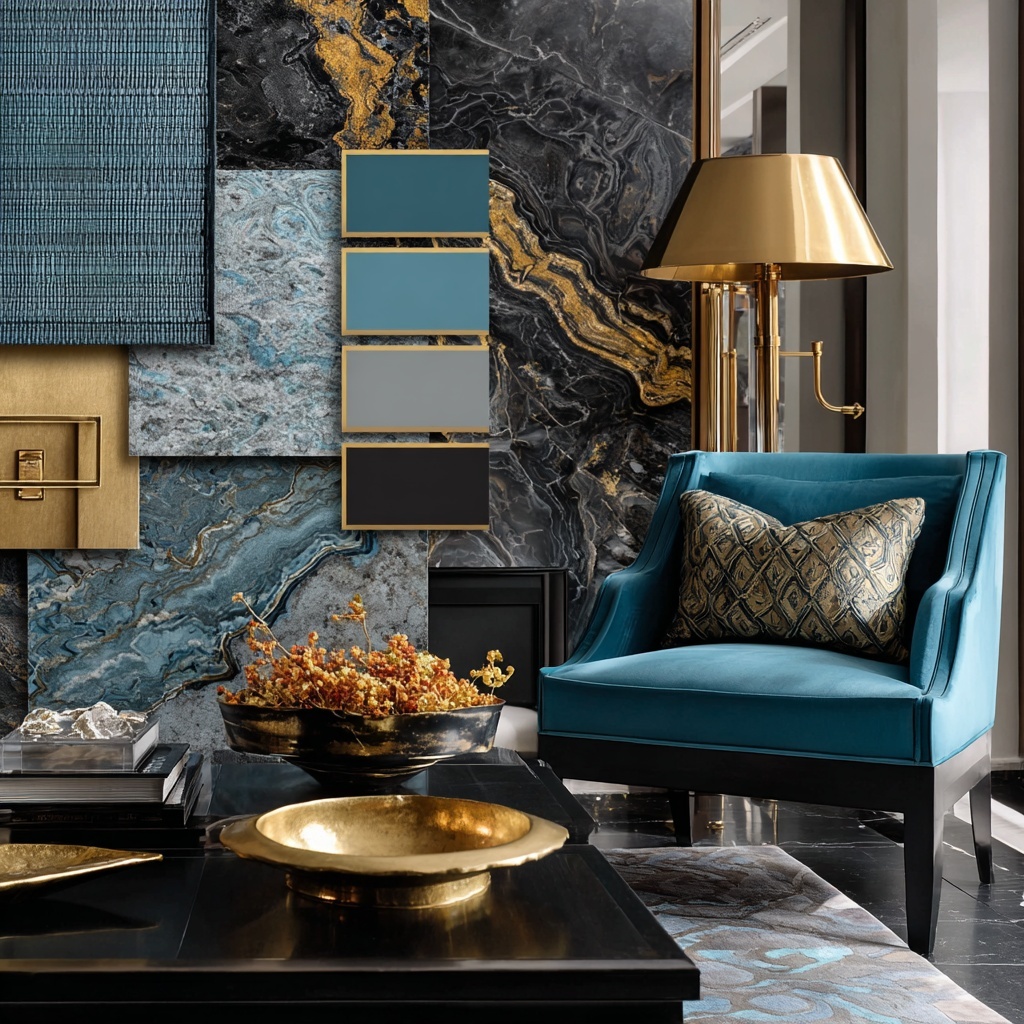 Mood board with rich blue walls, gold accents, a teal sofa, marble surfaces, and gold lighting