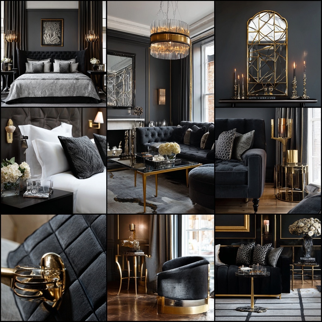 Mood board with burgundy roses, deep red velvet, black marble, gold accents, and dramatic lighting