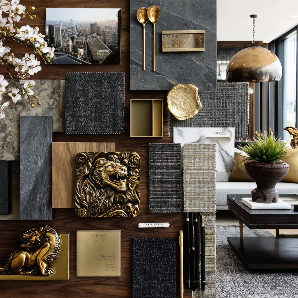 Mood board flatlay with dark marble, gold decorative vessels, black textures, and dramatic lighting