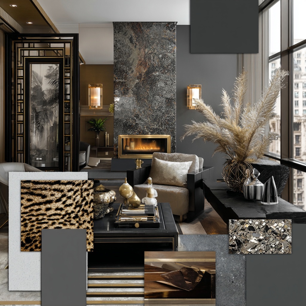 Mood board with green botanical elements, cream and white flowers, gold accents, and natural textures