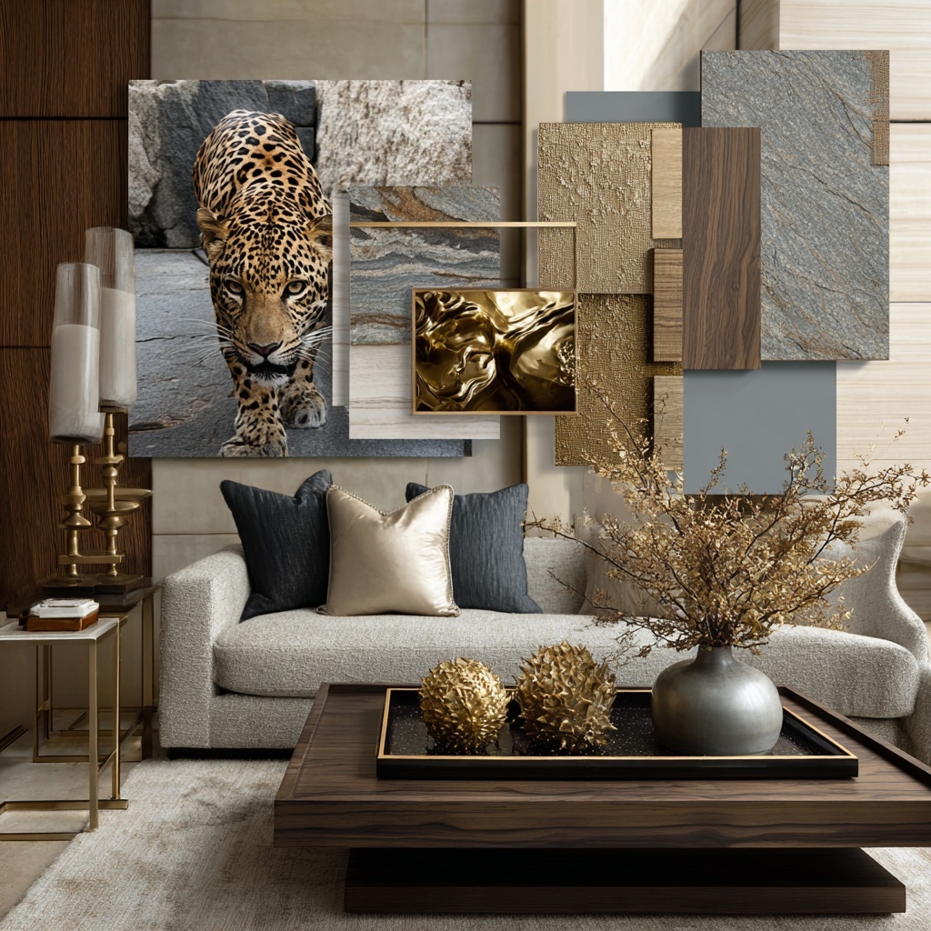 Mood board with neutral beige and cream tones, leopard print elements, gold accents, a light sofa, and marble surfaces
