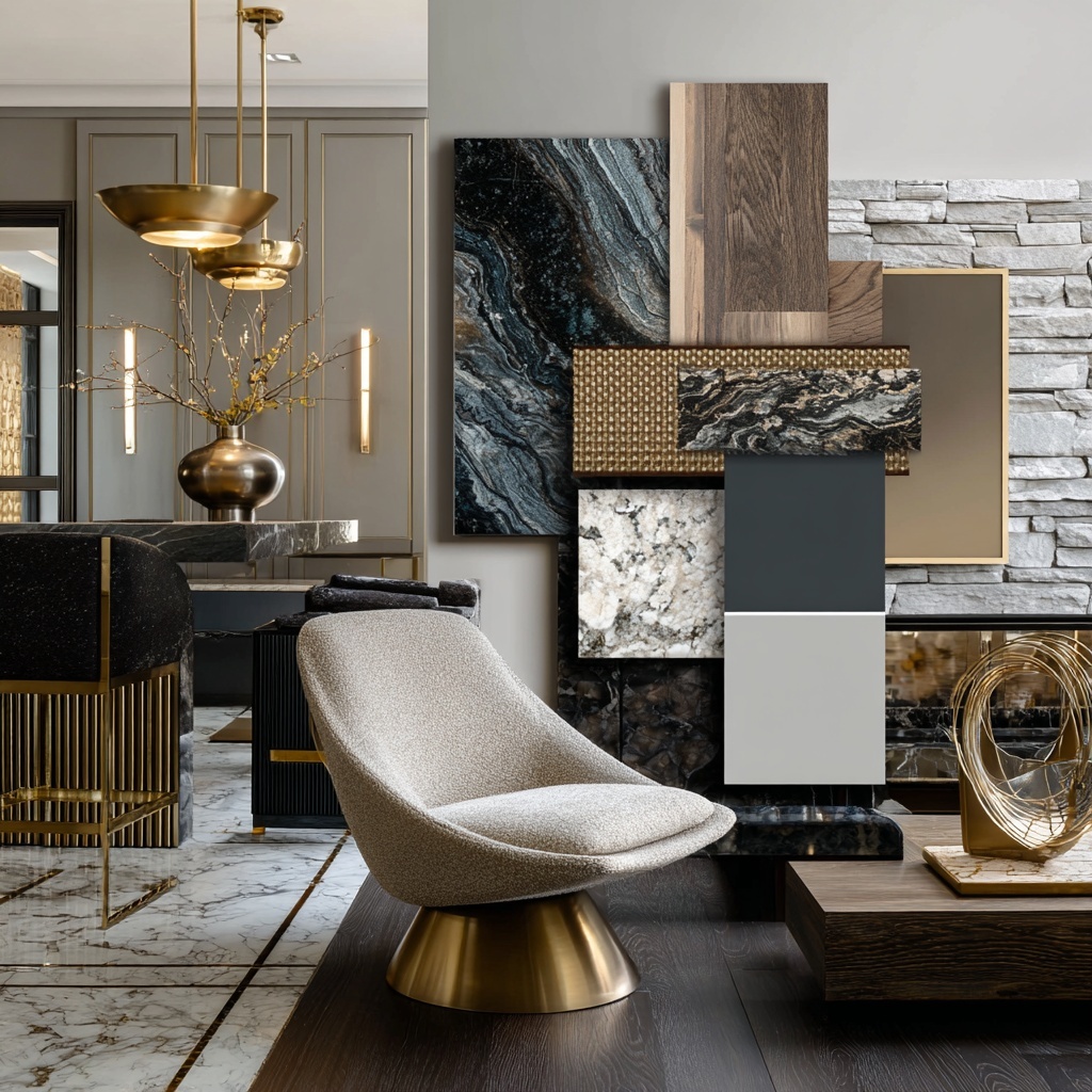 Mood board with white flowers, soft pink accents, pearl strands, silver decorative objects, and white marble