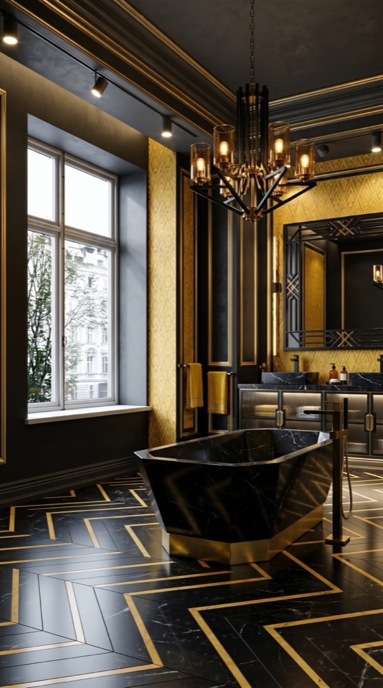 AI-generated Bold Mustard Bright bathroom with black marble bathtub, brass base, black-framed mirror, and brass chandelier