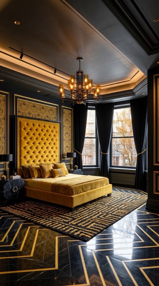 Bold mustard bedroom with confident colour, warm textiles, and tailored dark wood furniture