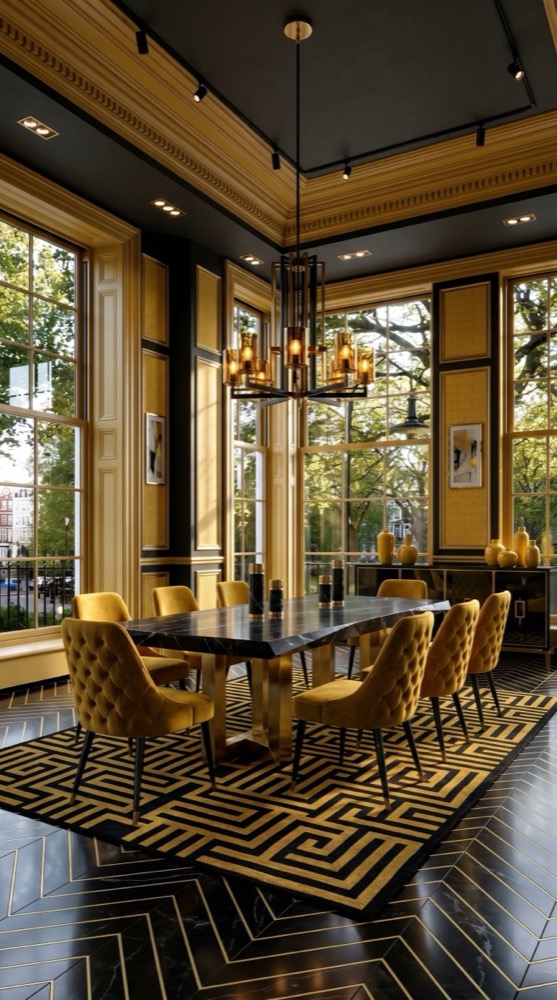 AI-generated Bold Mustard Bright dining room with black marble table, mustard yellow velvet chairs, geometric black-and-mustard rug, and brass chandelier