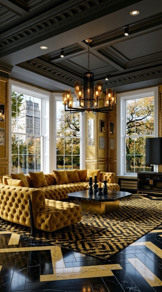 AI-generated Bold Mustard Bright living room with mustard yellow velvet sectional, black marble coffee table, geometric black-and-mustard rug, and brass chandelier