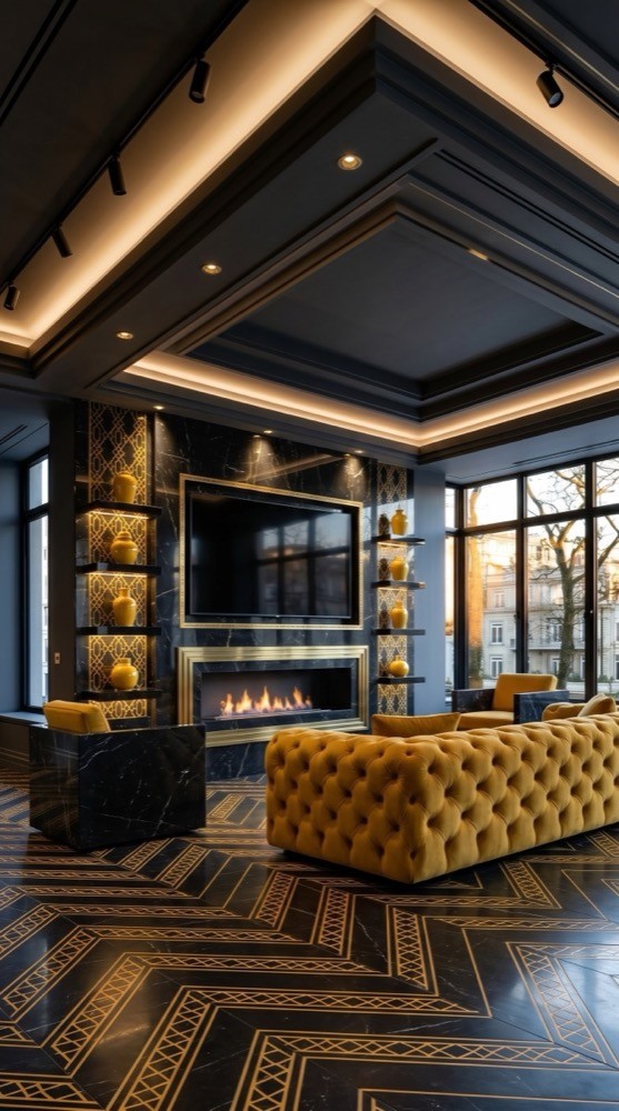 Bold mustard media wall with confident colour and tailored joinery