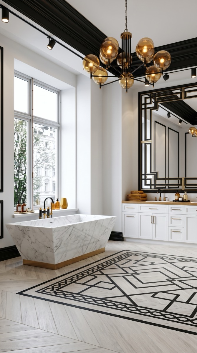 AI-generated Classic Mustard Bright bathroom with white Carrara marble bathtub, brass base, black-framed mirror, and brass chandelier