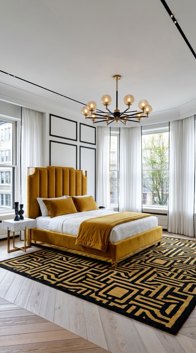 AI-generated Classic Mustard Bright bedroom with mustard yellow velvet bed, white Carrara marble nightstands, geometric black-and-mustard rug, and brass chandelier