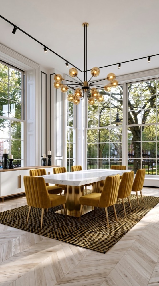 AI-generated Classic Mustard Bright dining room with white Carrara marble table, mustard yellow velvet chairs, geometric black-and-mustard rug, and brass chandelier