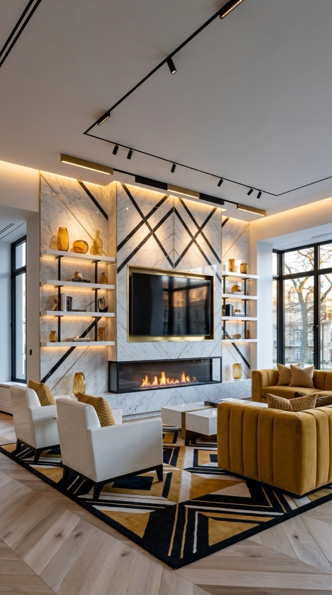 Mustard classic TV wall with geometric marble inlay, fire and mustard sofa