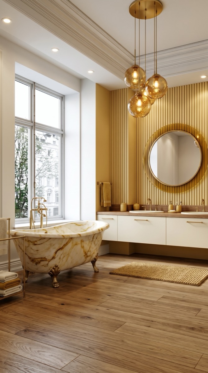 AI-generated Warm Mustard Bright bathroom with cream marble bathtub, mustard veining, brass legs, cream lacquer vanity, and brass globe pendants