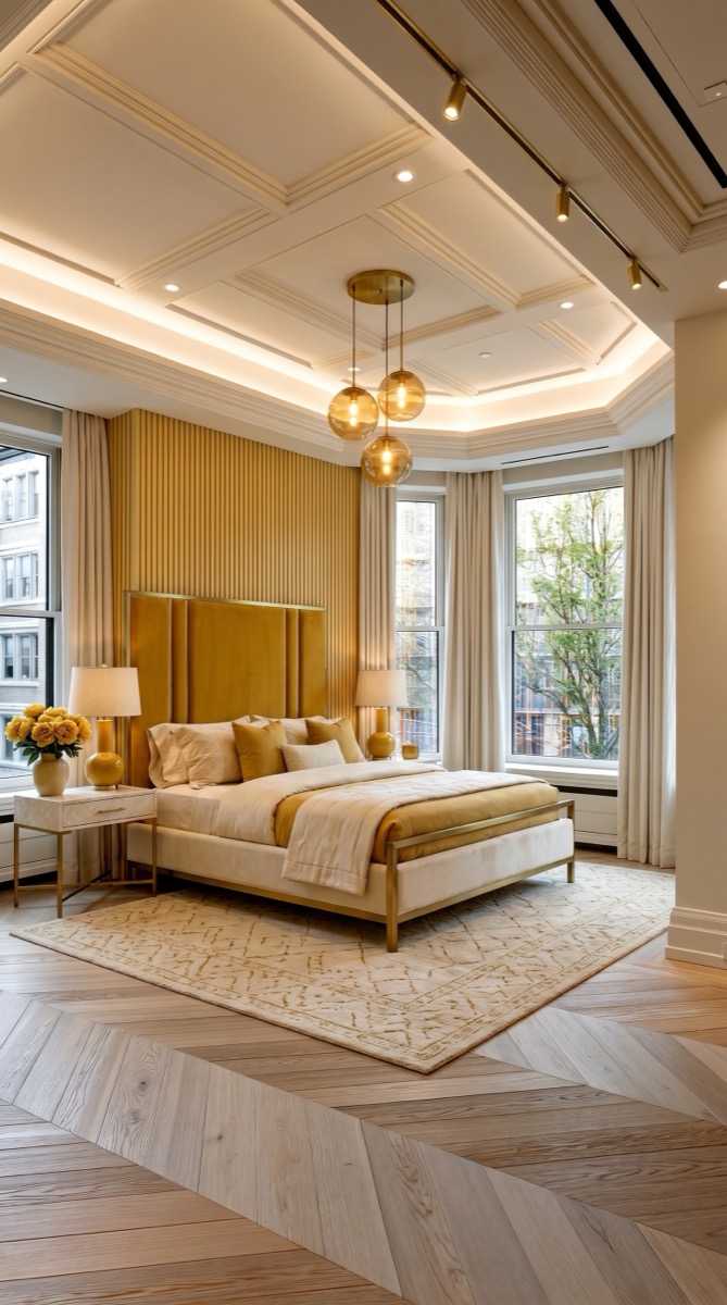 AI-generated Warm Mustard Bright bedroom with cream velvet bed, mustard yellow headboard, cream marble nightstands, and brass globe pendants