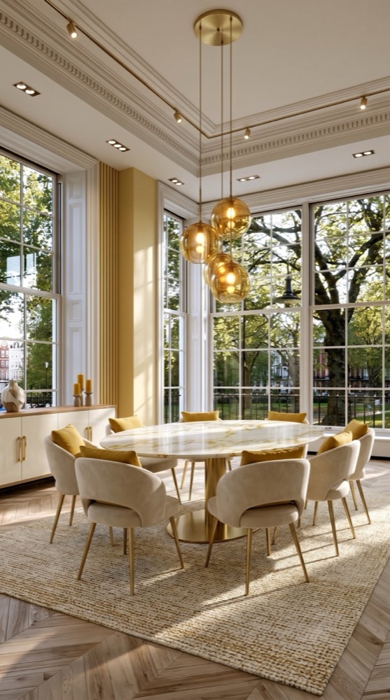 AI-generated Warm Mustard Bright dining room with cream marble table, cream velvet chairs, mustard yellow cushions, and brass globe pendants