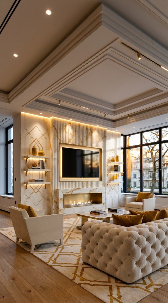 AI-generated Warm Mustard Bright media wall with cream marble panels, mustard veining, brass inlay, cream velvet sofa, and brass globe pendants
