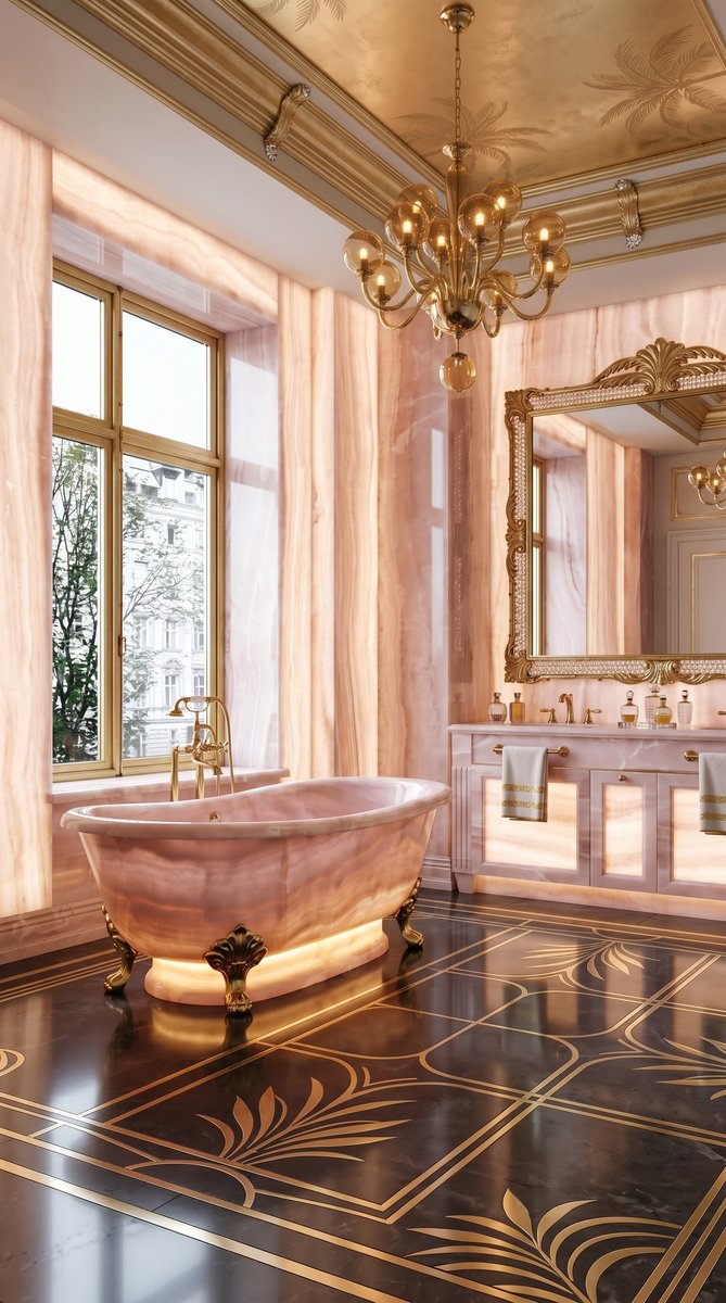 AI-generated Classic Onyx Pink bathroom with backlit pink onyx walls, freestanding pink onyx bathtub, gold claw feet, and gold chandelier