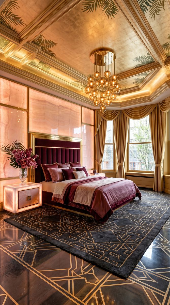 AI-generated Classic Onyx Pink bedroom with backlit pink onyx walls, burgundy velvet bed, gold leaf palm ceiling, and dark charcoal stone